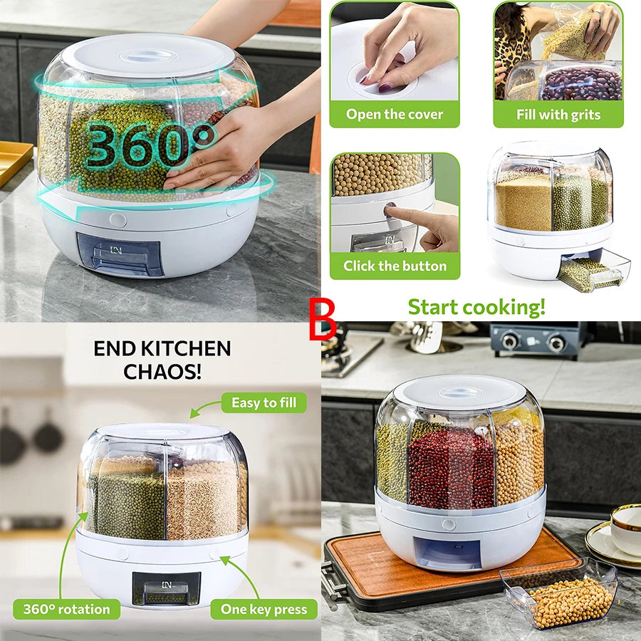 360° Rotating 6-Grid Food Dispenser - Airtight Kitchen Storage Container for Grains, Cereal & Dry Goods