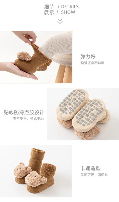 New Cute Cartoon Bear Baby Socks For Boys Girls Winter Soft Cotton Anti Slip.